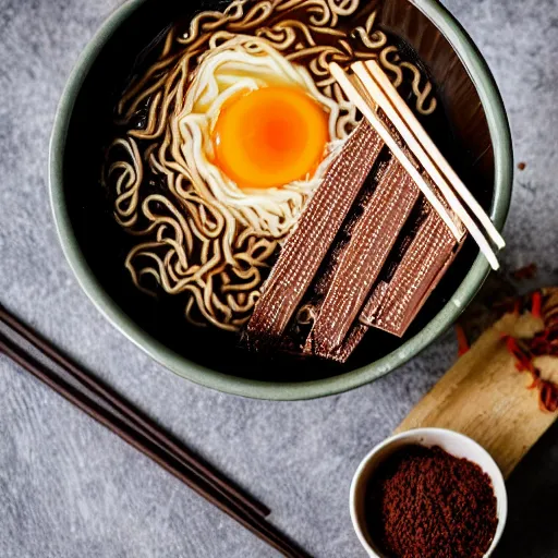 Image similar to chocolate bars in a bowl of ramen, professional food photography, gastronomy magazine