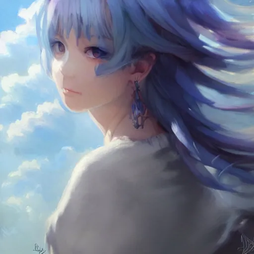 Prompt: painting by krenz cushart!!, portrait of a beautiful blue hair girl floating in the clouds, finely detailed features, intricate brush strokes, beautiful lighting, trending on pixiv fanbox.