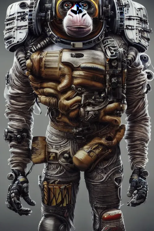 Image similar to a portrait of a muscular anthropomorphic cyberpunk chimp in spacesuit armor with ensignia on chest plate by sandra chevrier, by jon foster, detailed render, pistol in holster, extremely hyperdetailed, tape deck, epic composition, cybernetics, 4 k realistic, cryengine, realistic shaded lighting, sharp focus, masterpiece, by enki bilal