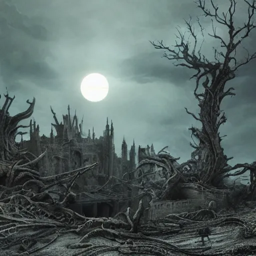 Prompt: a dramatic matte painting of the tomb in the dystopian landscape is opening through the ground, the dead has arisen under the glowing moon, dead trees and a brooding landscape by giger and dariusz zawadzki and beksinsk