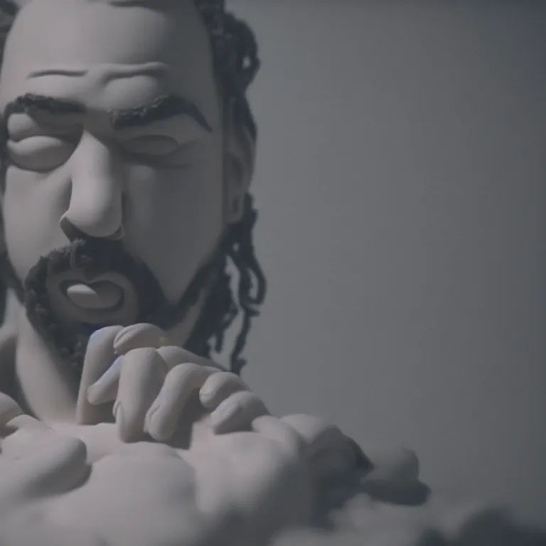 Prompt: a cinematic film still of a claymation stop motion film starring post malone, shallow depth of field, 8 0 mm, f 1. 8