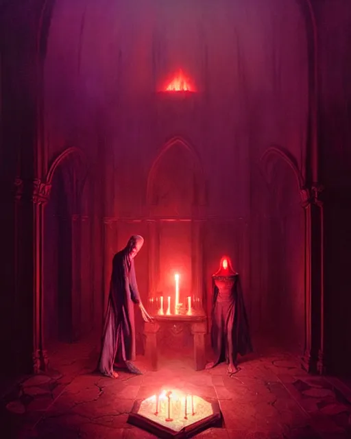 Image similar to Character concept art of Adult necromancer bringing dead to alive, casting dark magic spell. Castle room, lots of candles, barely lit warm violet red light, many transparent souls comes through the floor By greg rutkowski, tom bagshaw, beksinski
