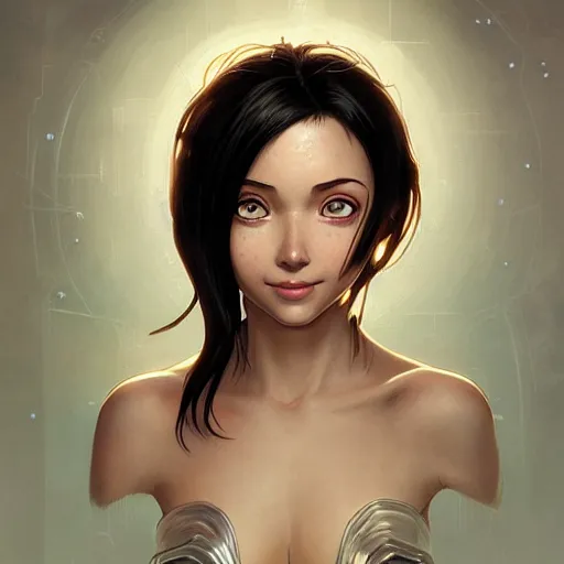 Prompt: portrait of Alita, looking at camera, D&D, intricate, elegant, stylish, cute smile, mouth slightly open, fantasy, extremely detailed, digital painting, artstation, concept art, smooth, sharp focus, illustration, stunning lighting, art by artgerm and greg rutkowski and alphonse mucha and simon stalenhag.