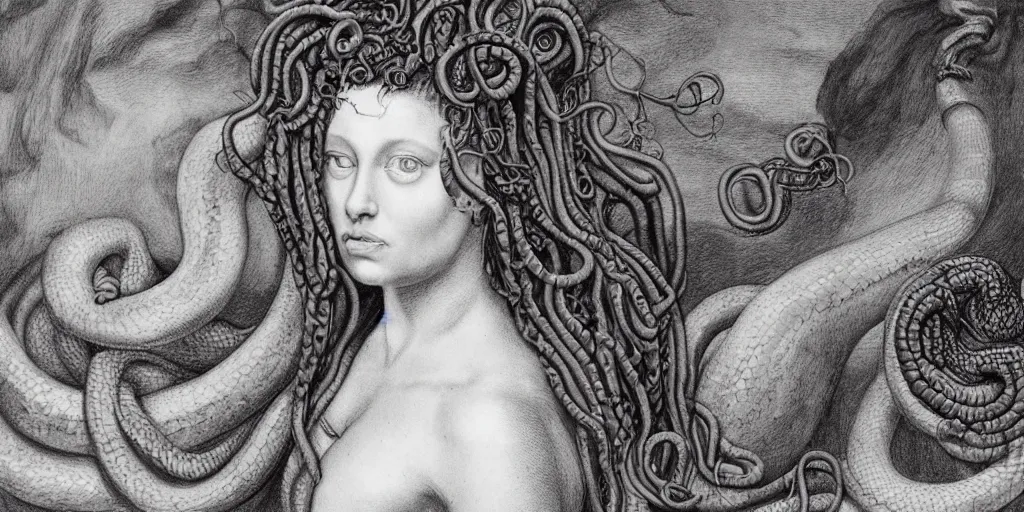 Image similar to realistic portrait of a medusa with her snake hair, 1450, ink, ultra realistic, 8k