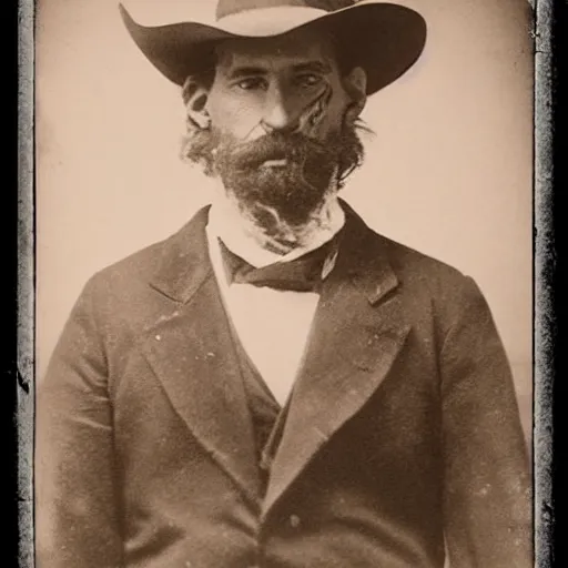 Image similar to A photograph portrait of Jerma985 as a cowboy with a pyramidal mustache in the late 1800s, taken in the late 1800s, 1870s, grainy, taken on a Field View Camera, realistic, hyperrealistic, very realistic, highly detailed, very detailed, extremely detailed, detailed, digital art, trending on artstation