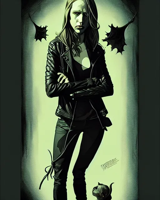 Image similar to rafael albuquerque comic art, peter mohrbacher, steve niles, artgerm, pretty taissa farmiga witch, symmetrical eyes, black leather jacket, jeans, long blonde hair