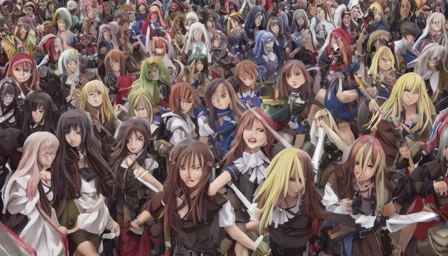 Image similar to jesus christ our lord standing in the front leading an army of cute anime girls into battle, photorealistic, anime, realistic faces, mini skirt, long hair, lightly dressed, renaissance painting, hyper real, detailed, closeup shot, ultra detailed