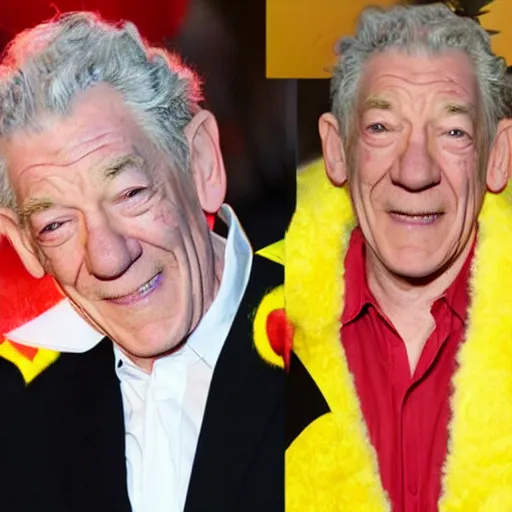 Image similar to ian mckellen dressed up as pikachu, photo dream