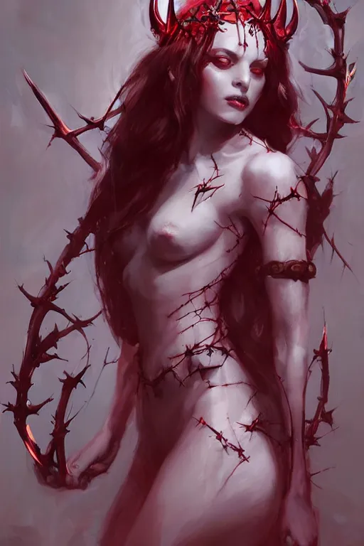 Prompt: Portrait of beautiful pale succubus maiden with crown of thorns, and devil's horns, red lighting, digital art by Ruan Jia and Mandy Jurgens and Artgerm, highly detailed, trending on artstation, award winning,