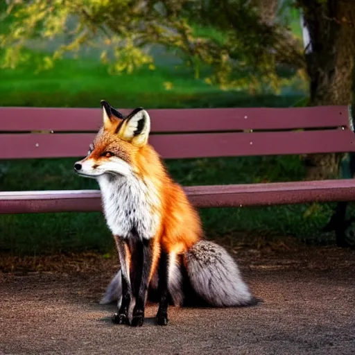 Image similar to Blue hour photography, a fox sitting on a bench, cool twilight lighting, 5am