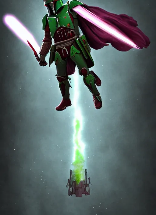 Image similar to arcane wizard x boba fett, fantasy inspired boba fett as a wizard in a scenic environment, 3 d digital art, character mashup, epic volumetric lighting, combination art, photorealistic, sharp focus, aesthetic, inspired by studio ghibli