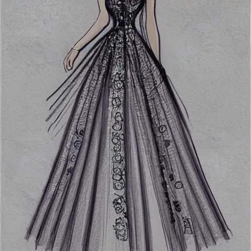 Prompt: sketch design of fashion dress, detailed, unique and stylish