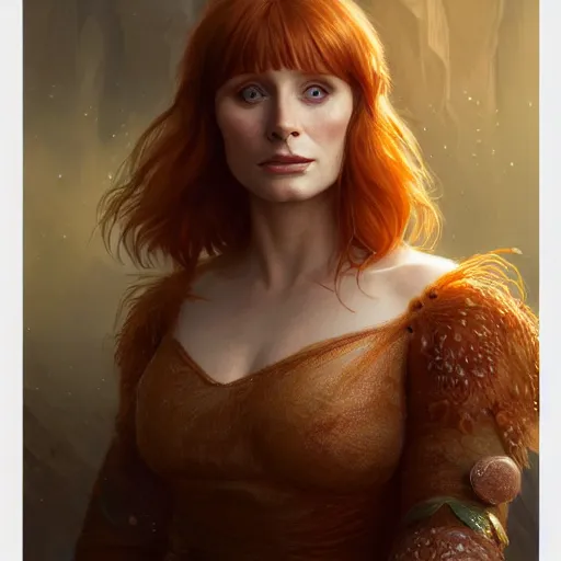 Image similar to portrait of Bryce Dallas Howard , extra onions and ketchup, luscious patty with sesame seeds, feminine ethereal, handsome, D&D, fantasy, intricate, elegant, highly detailed, digital painting, artstation, concept art, matte, sharp focus, illustration, art by Artgerm and Greg Rutkowski and Alphonse Mucha