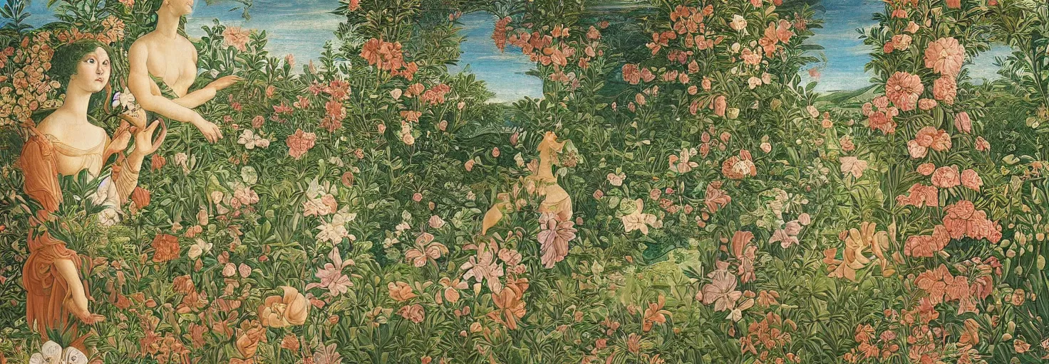 Prompt: beautiful patterned mural depicting a lush floral oasis in a beautiful alien planet, intricate painting, highly detailed, masterful, fantasy world, in the style of sandro botticelli, caravaggio, albrecth durer