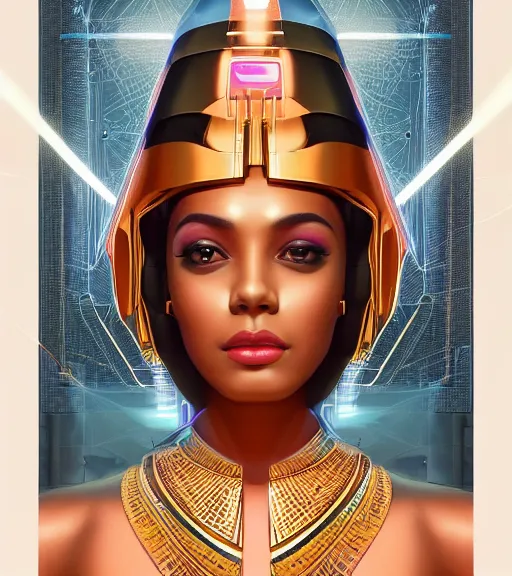 Image similar to symmetry!! egyptian princess of technology, solid cube of light, hard edges, product render retro - futuristic poster scifi, lasers and neon circuits, beautiful brown skin woman egyptian princess, intricate, elegant, highly detailed, digital painting, artstation, concept art, smooth, sharp focus, illustration, dreamlike, art by artgerm