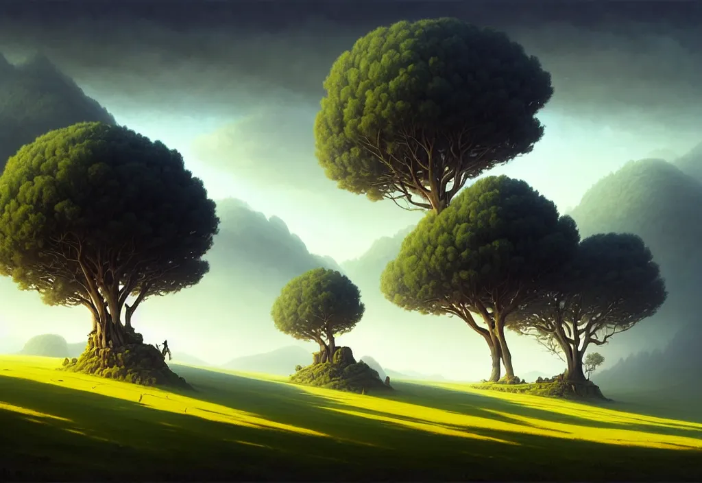 Image similar to dionisio landscape without people, high trees, top of the hill, above low layered clouds, deep focus, fantasy, intricate, elegant, highly detailed, digital painting, artstation, concept art, matte, sharp focus, illustration, hearthstone, art by rhads and artgerm and greg rutkowski and gediminas pranckevicius