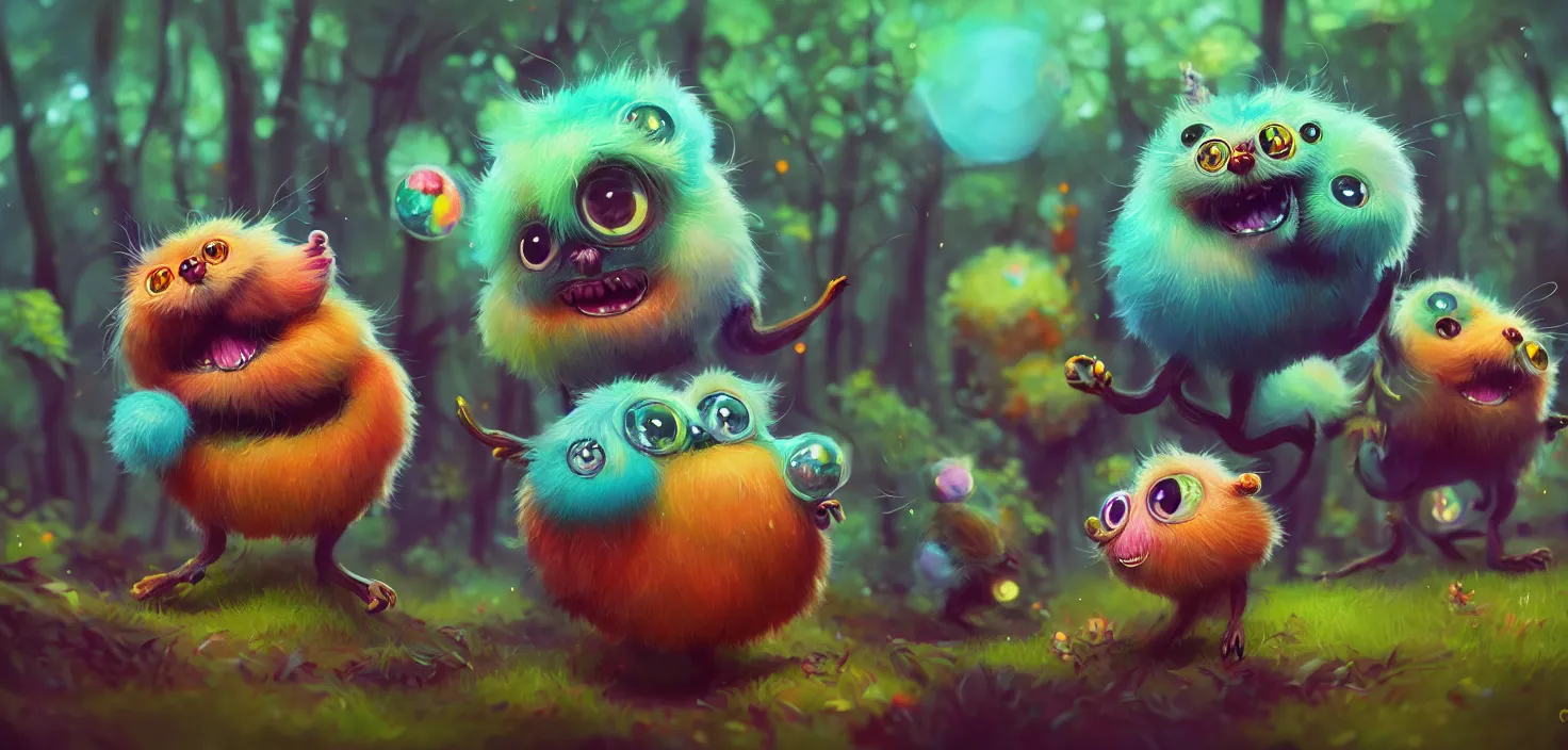 Prompt: intricate colourful fluffy with cute friendly fluffy ball creatures with huge beauty big eyes long tongue triangle teeth and funny face appearing from the forest, in the style of craola, shallow depth of field, highly detailed, digital painting, trending artstation, concept art, illustration, cinematic lighting, vibrant colors, photorealism, epic, octane render