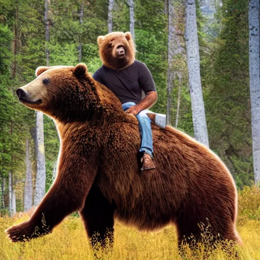 Prompt: a photo of bob ross riding on the back of a brown bear, outdoor, hyperrealistic, shutterstock contest winner, digital art, national geographic photo