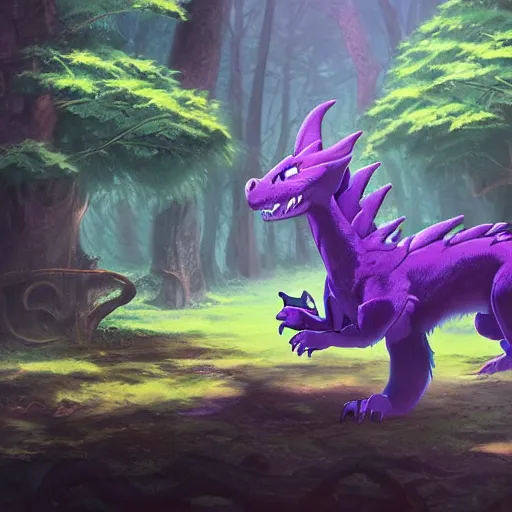 Image similar to concept art painting of an anthropomorphic purple humanoid furry dragon, in the deep forest, realistic, detailed, cel shaded, in the style of makoto shinkai and greg rutkowski and james gurney