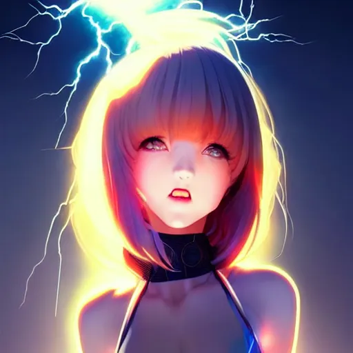 Image similar to cute girl electrocuted, sparks, lightning, occlusion shadow, specular reflection, rim light, unreal engine, range murata, artstation, pinterest, art by hiroaki samura and ilya kuvshinov and rossdraws, intricate, highly detailed 8 k, art deco illustration, realistic, extremely beautiful shape of face, neck, shoulders eyes