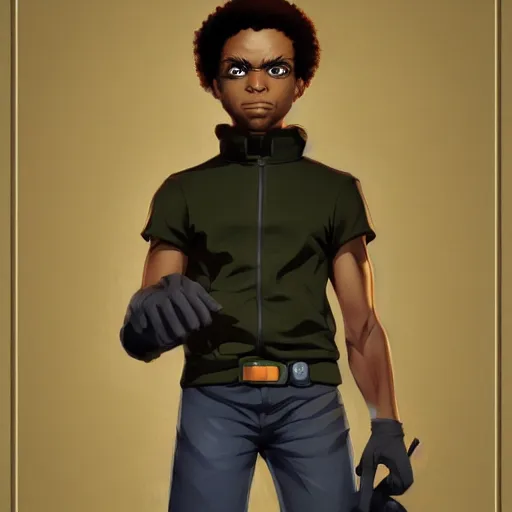 Prompt: Portrait of Huey freeman from the boondocks , Graceful body structure,cute,Symmetrical face,highly detailed,elegant,Marc Simonetti and Caspar David Friedrich, Trending on artstation