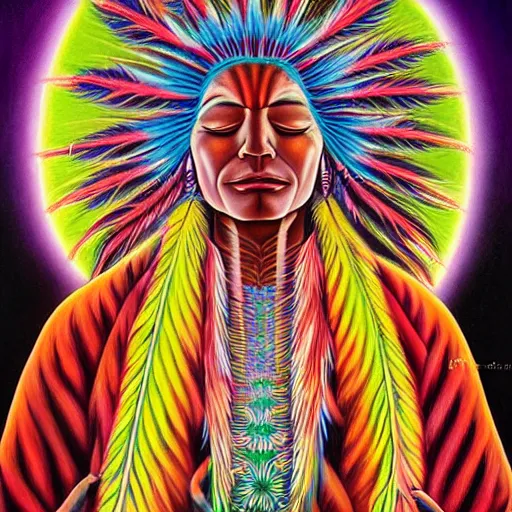 Prompt: a painting of elegant native american meditating by flooko, alex grey, forest, vibrant, detailed, ethereal, glows,