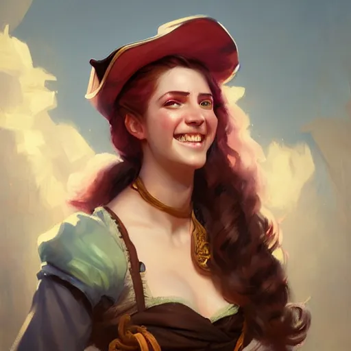 Image similar to portrait painting of a pirate queen age 2 5, bright and energetic, with a sweet smile and floofy hair, render cinematic lighting art 1 9 2 0 period drama by bussiere rutkowski andreas rocha