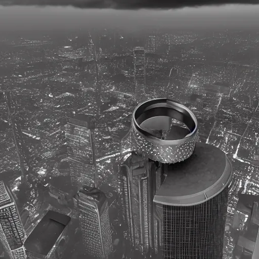 Prompt: A giant mechanical ring hovers horizontally above a city. The sky is dark and cloudy.