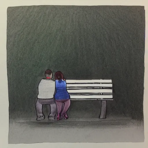 Prompt: a couple sitting on a park bench, ballpoint pen