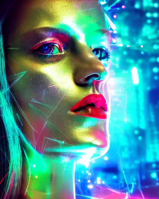 Prompt: dramatic cyberpunk portrait of a metallic woman's face, crystalline, red glow, green glow, blue glow, atmospheric haze, intense shading, chromatic aberration, glitch, backlit, bokeh, centered