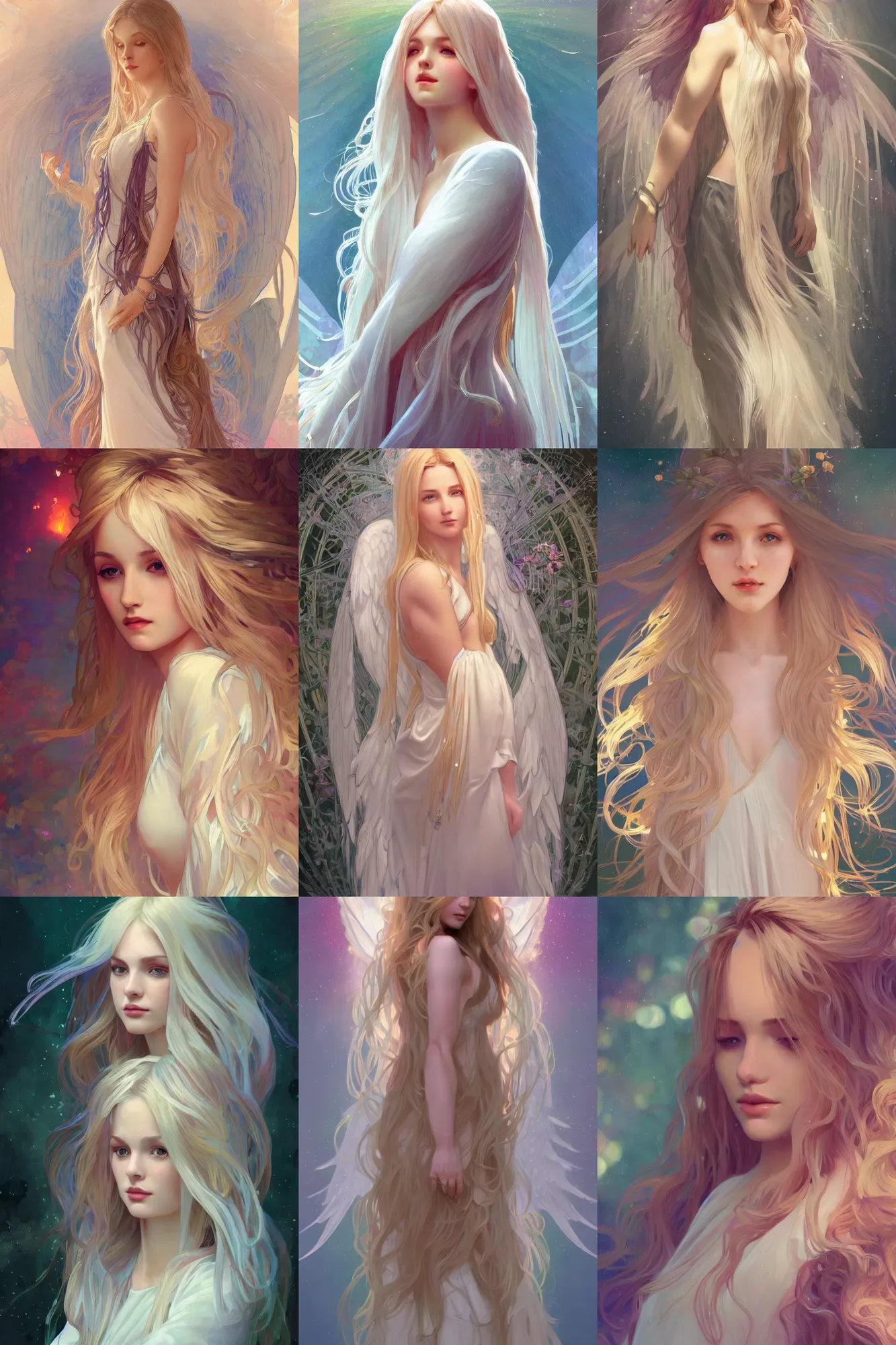 Prompt: A beautiful angelic woman with white long flowy hair, cinematic lighting, soft bokeh, sci-fi, modern, colourful, highly detailed, digital painting, artstation, concept art, sharp focus, illustration, by alphonse mucha