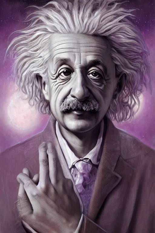 Prompt: breathtakingly beautiful painting of an elegant albert einstein, beautiful hair, symmetrical face, moonlit purple sky, matte painting by brian froud, shaun tan, wlo and peter mohrbacher, highly detailed, intricate,, award winning artwork, trending on artstation, high quality printing, fine art with subtle redshift rendering