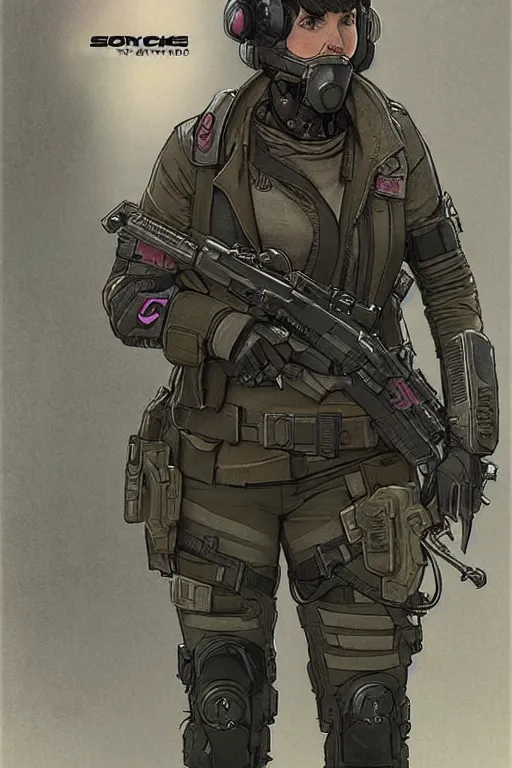 Image similar to Sonya. Confident blackops mercenary in tactical gear and cyberpunk headset. Blade Runner 2049. concept art by James Gurney and Mœbius.