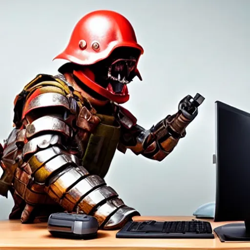 Image similar to angry man in juggernaut armor burning a desktop tower pc with a military flamethrower