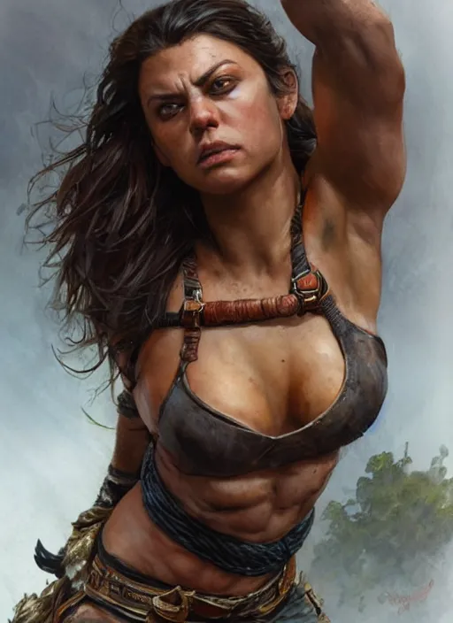 Image similar to exhausted Mila Kunis as a very muscled rugged looking Amazon, dirty, sweating, intricate, elegant, highly detailed, artstation, concept art, sharp focus, art by artgerm and donato giancola and Joseph Christian Leyendecker, WLOP