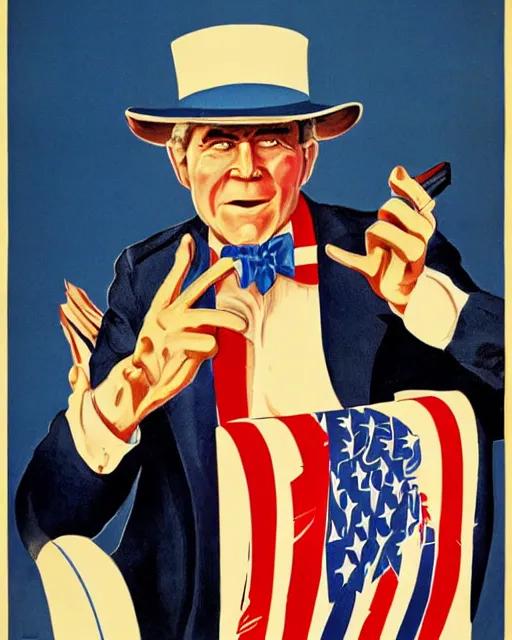 Prompt: George Bush as Uncle Sam in a war propaganda poster