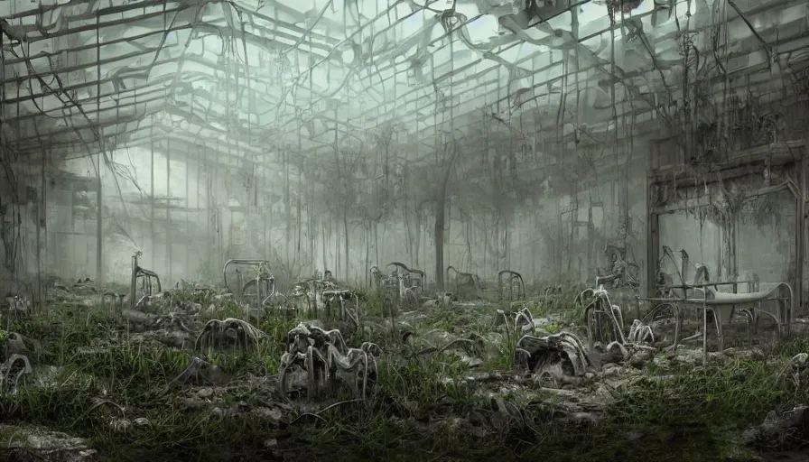 Prompt: Interior of a dusty abandoned cloning factory with cobwebs, skeletons on the floor, vegetation, light fog, hyperdetailed, artstation, cgsociety, 8k