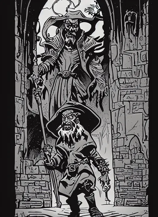 Image similar to highly detailed, wizard with a dungeon background by mike mignola