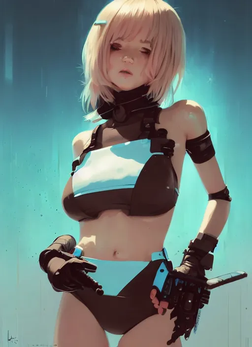 Prompt: portrait of cute maiden girl in cyber bikini armor, face by ilya kuvshinov, warhammer, cyberpunk, by atey ghailan, by greg rutkowski, by greg tocchini, by james gilleard, by joe fenton, by kaethe butcher, dynamic lighting, gradient light blue, brown, blonde cream and white color in scheme, grunge aesthetic