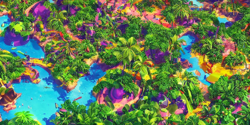 Prompt: plastic beach island lush vegetation caustics fluid simulation lighting impressive colorful masterpiece graffiti hyper perspective textured detailed intricate sharp focus 8 k