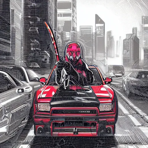 Image similar to beautiful hyper-detailed artwork of a ninja warrior with a sword, driving through the city, in a modified Nissan skyline r34, cyberpunk style