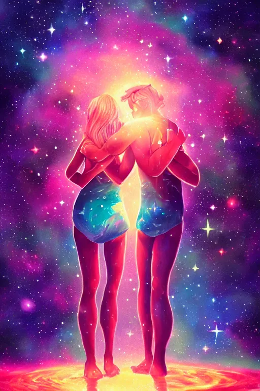 Prompt: zodiac gemini constellation of man and girl in the starry sky, two hands, masterpiece epic retrowave art, trending on art station