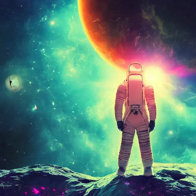 Prompt: - an astronaut standing on the edge of the universe trying to make sense of the world with psychedelic backgrounds, 4 k, trending on artstation, renaissance