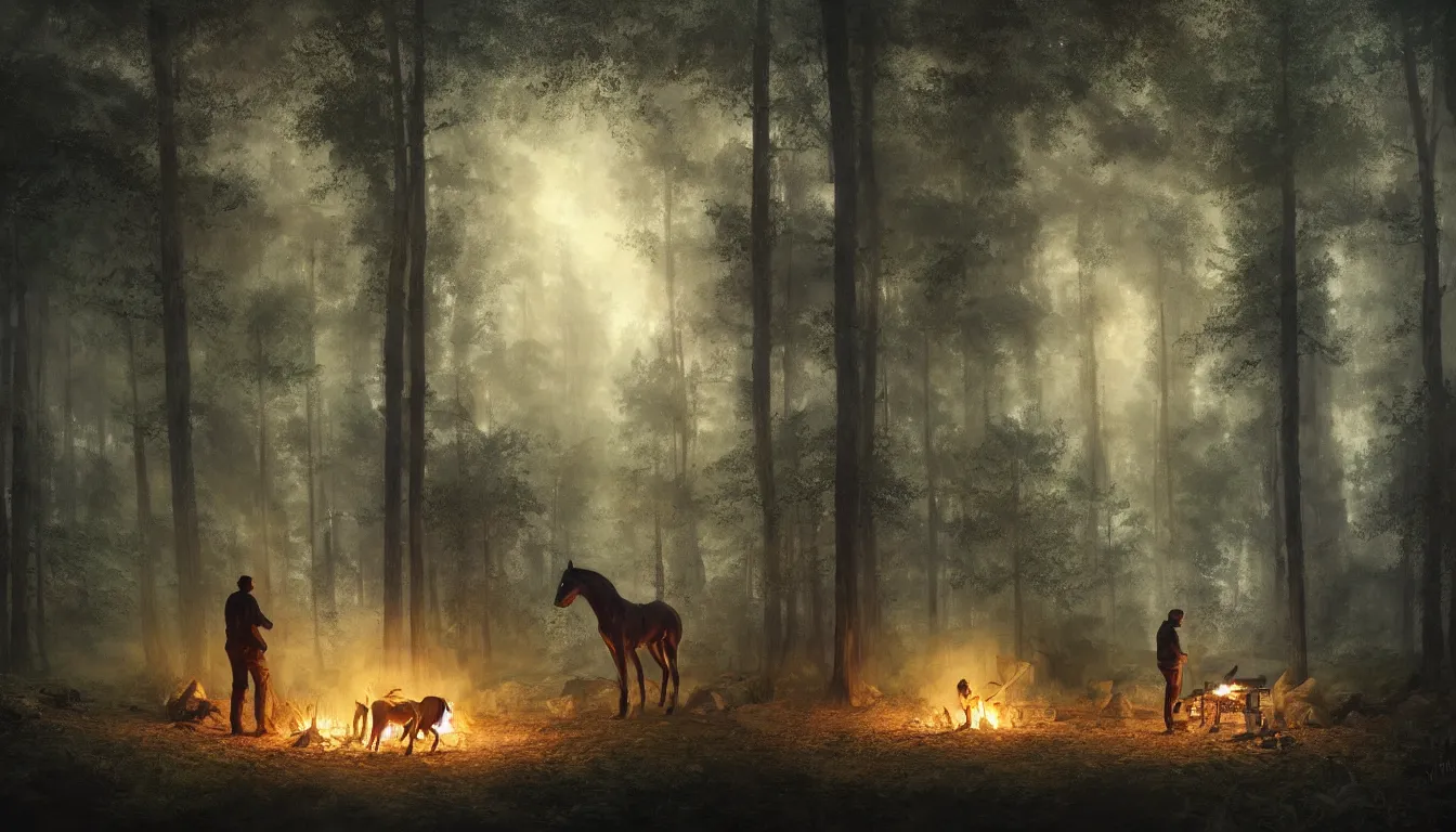 Image similar to a man and his horse camping by a small fire, in a mystical forest at night, intricate, elegant, volumetric lighting, digital painting, highly detailed, artstation, sharp focus, illustration, concept art, ruan jia, steve mccurry