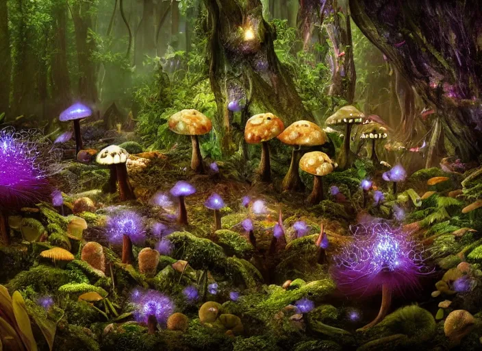 Image similar to glowing delicate flower and mushrooms that grow in a dark fatansy forest on the planet Pandora,