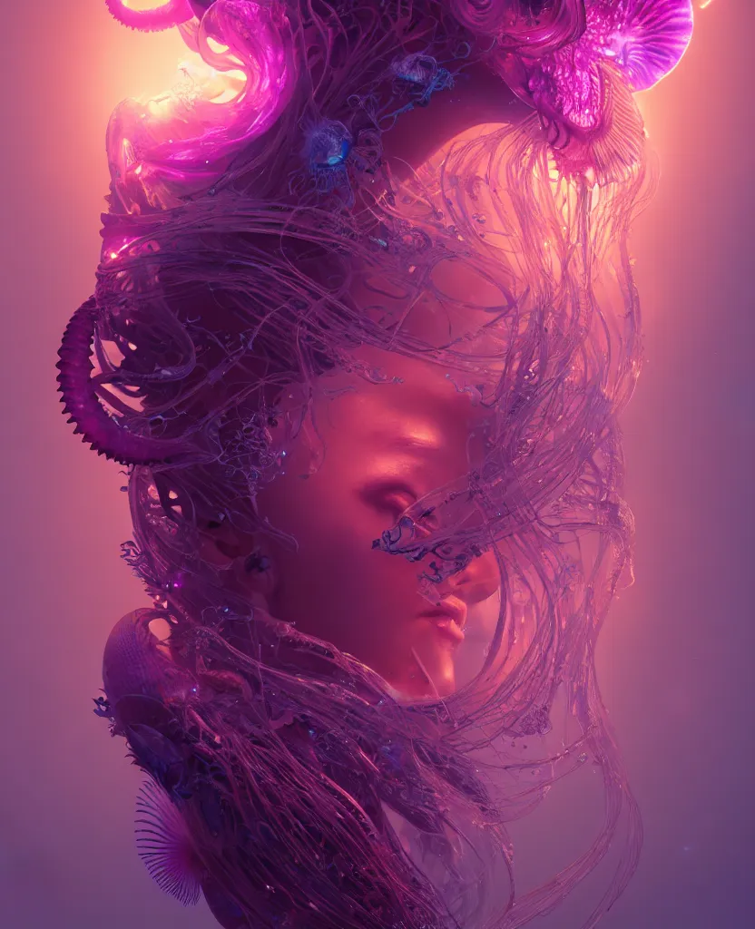 Image similar to goddess close-up portrait. orchid jellyfish phoenix head, nautilus, skull, betta fish, bioluminiscent creatures, intricate artwork by Tooth Wu and wlop and beeple. octane render, trending on artstation, greg rutkowski very coherent symmetrical artwork. cinematic, hyper realism, high detail, octane render, 8k