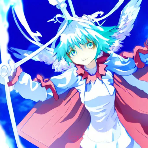 Prompt: Cirno from the series: Cirno. Official fanart 8k resolution, hyperdetailed anime wallpaper of Cirno