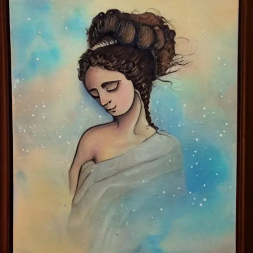 Image similar to beautiful ancient greek girl dreaming of galaxies, painting