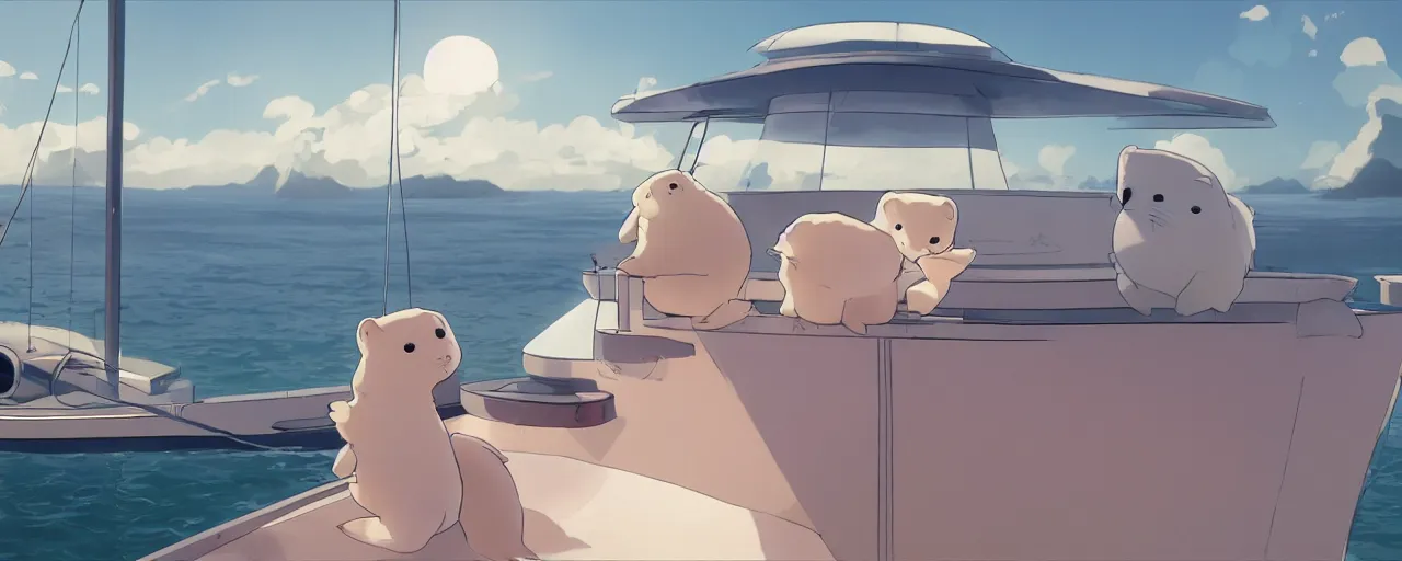 Image similar to baby harp seal on a mega yacht, detailed, atey ghailan, goro fujita, studio ghibli, rim light, exquisite lighting, clear focus, very coherent,