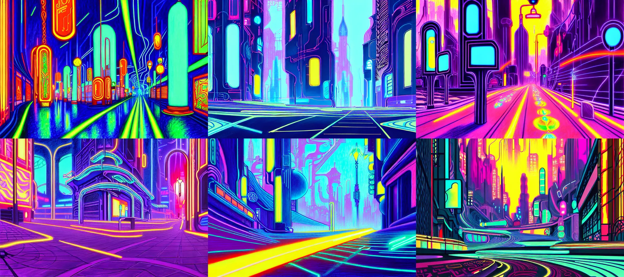 Prompt: art nouveau, fauvism, pastel drawing, oil painting, cyberpunk, fantasy landscape. digital datascape village streets in the style of tron legacy